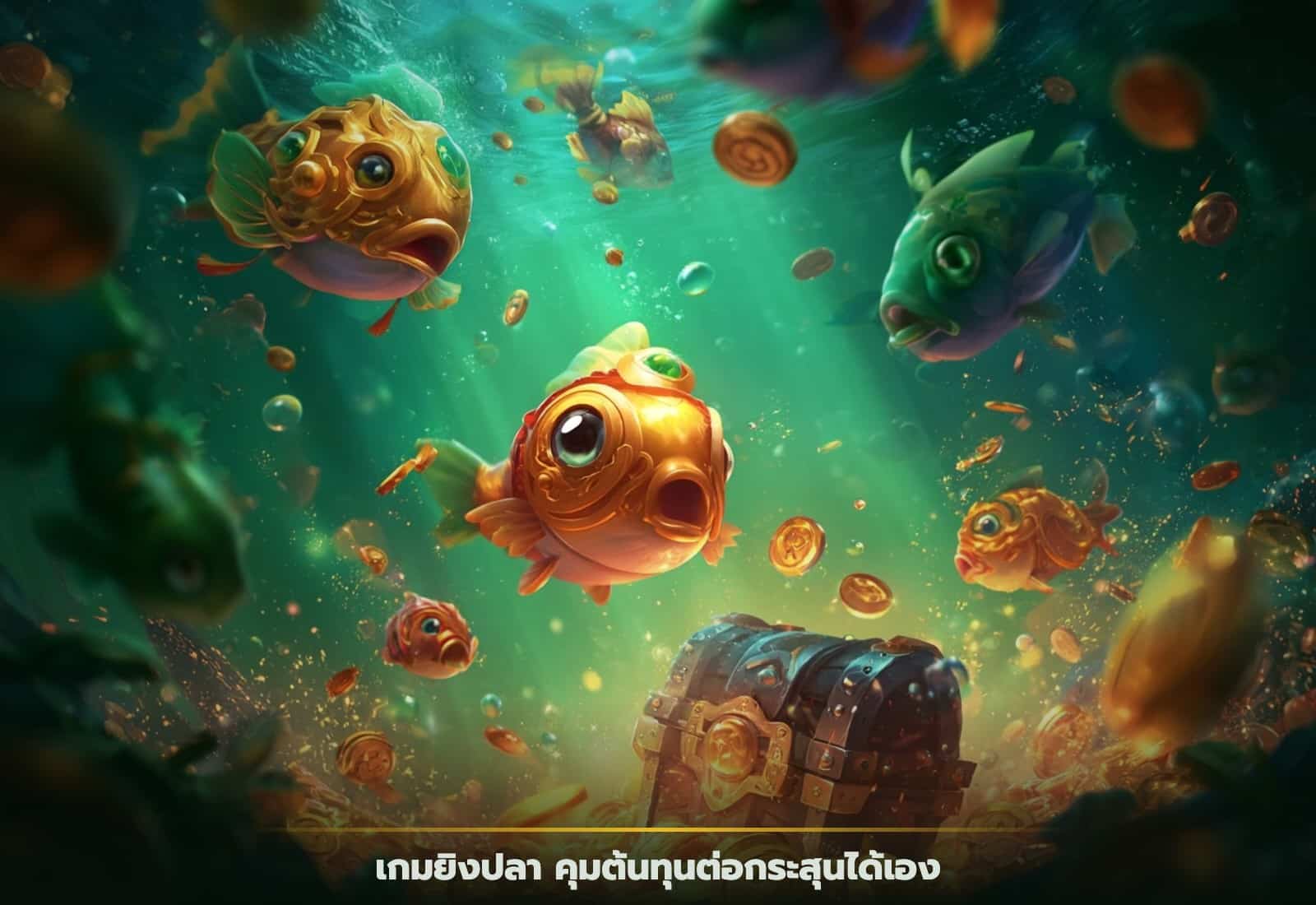 เกมยิงปลา GOOFYGOLD ปลาทองใต้น้ำสีเขียวมรกตพร้อมเหรียญ