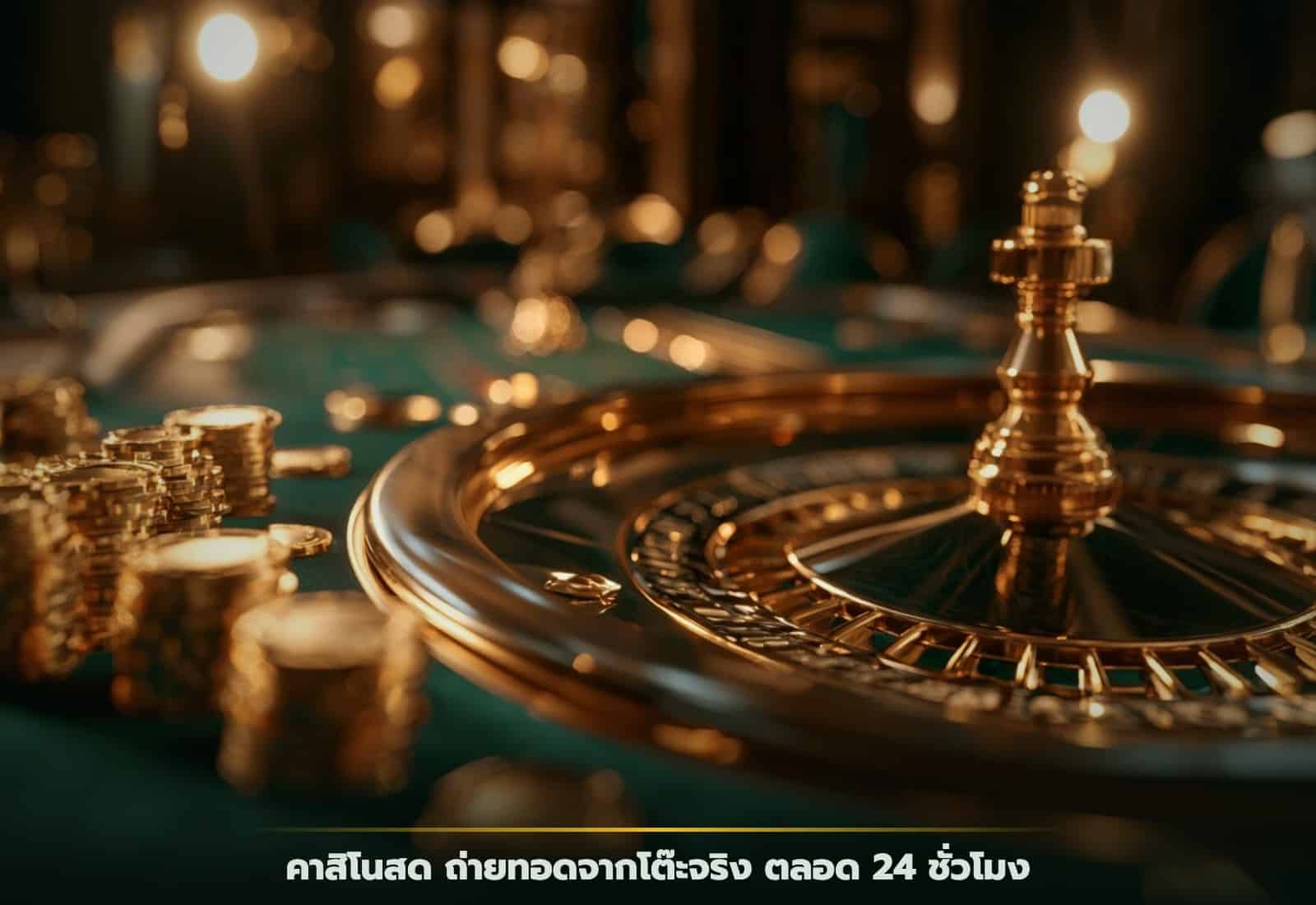 คาสิโนสด GOOFYGOLD วงล้อรูเล็ตทองคำและชิปบนโต๊ะเขียว
