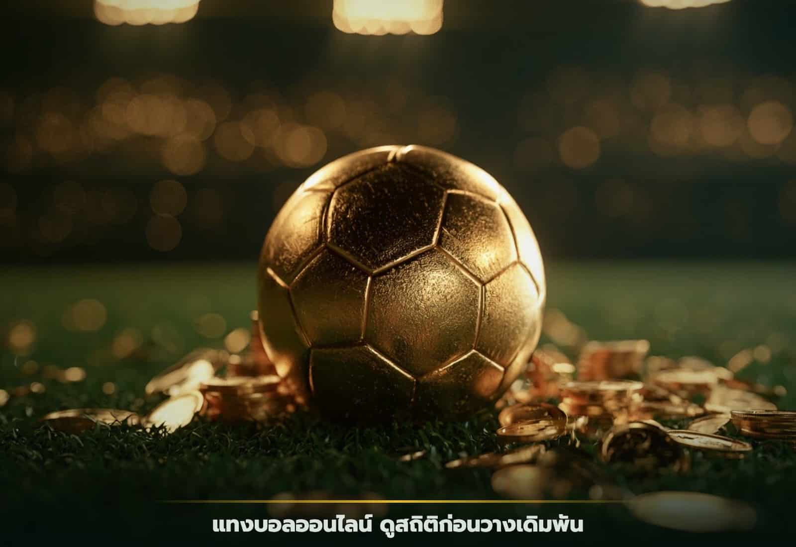 แทงบอลออนไลน์ GOOFYGOLD ลูกฟุตบอลทองคำบนสนามหญ้าเขียวยามค่ำ